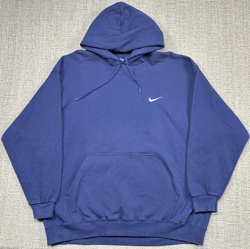 Vintage Nike Hoodie Sz XL Blue Small Swoosh Hoodie Sweatshirt White Tag 90s
